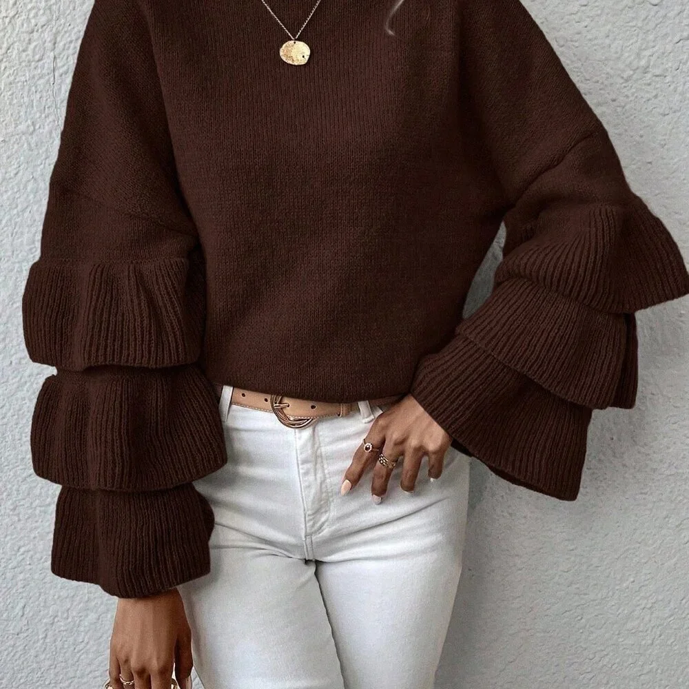Coffee Brown Casual Women's Loose Sweater with Ruffle Hem and Drop Shoulder